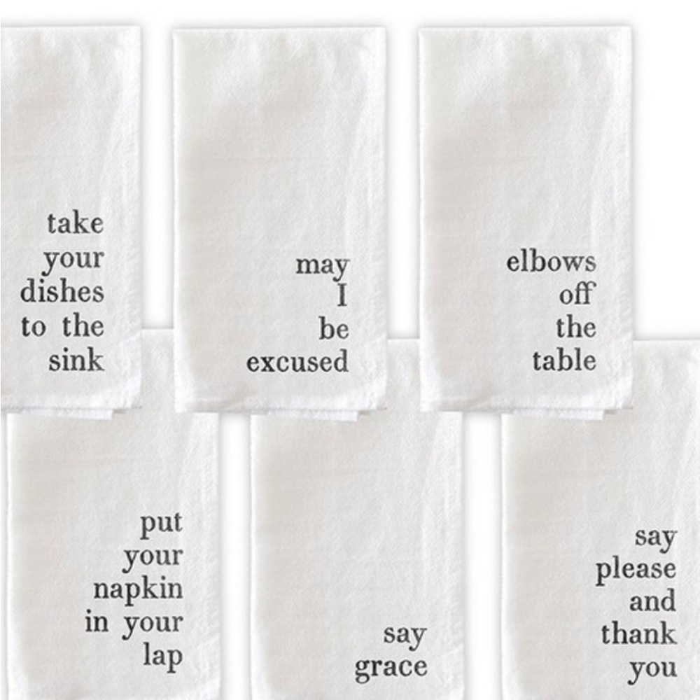 White Cotton Fabric set of 6 Napkins. With funny sayings. Will make you laugh 😆